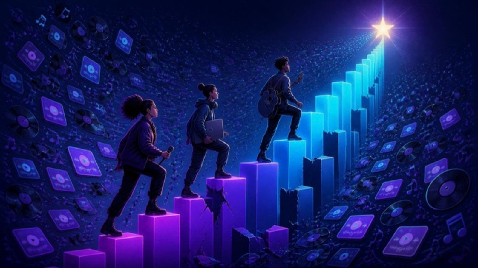 Illustration of three independent musicians, a singer, a producer, and a guitarist, climbing glowing chart bars toward a star while a flood of new releases swirls around them